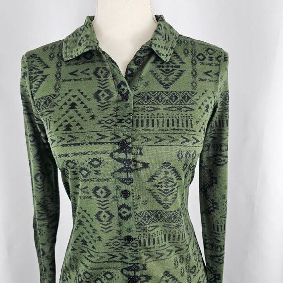 Women's Green Aztec Print Long Sleeve Button Front Shirt Dress Size Small - Picture 2 of 13